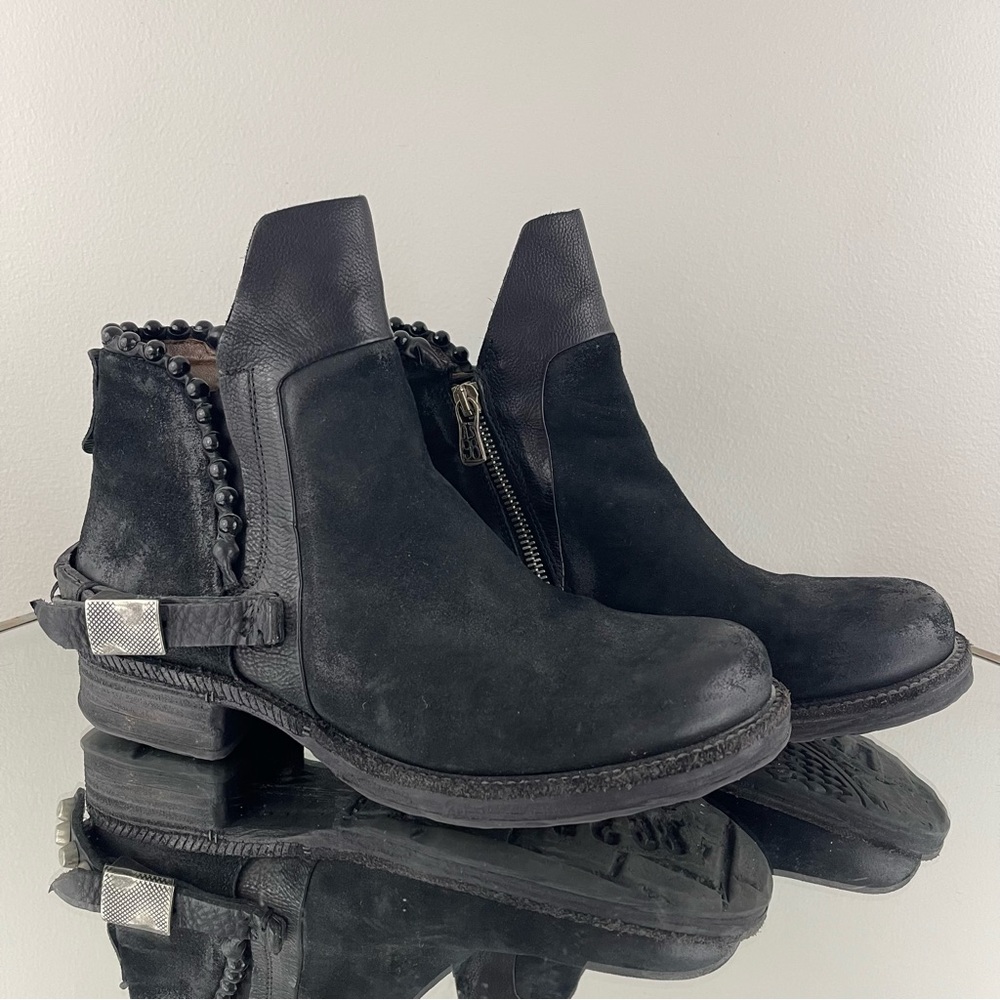 A.S.98 Black Nubuck Suede Leather Airstep Biker Pearl Bead Studded Ankle Booties